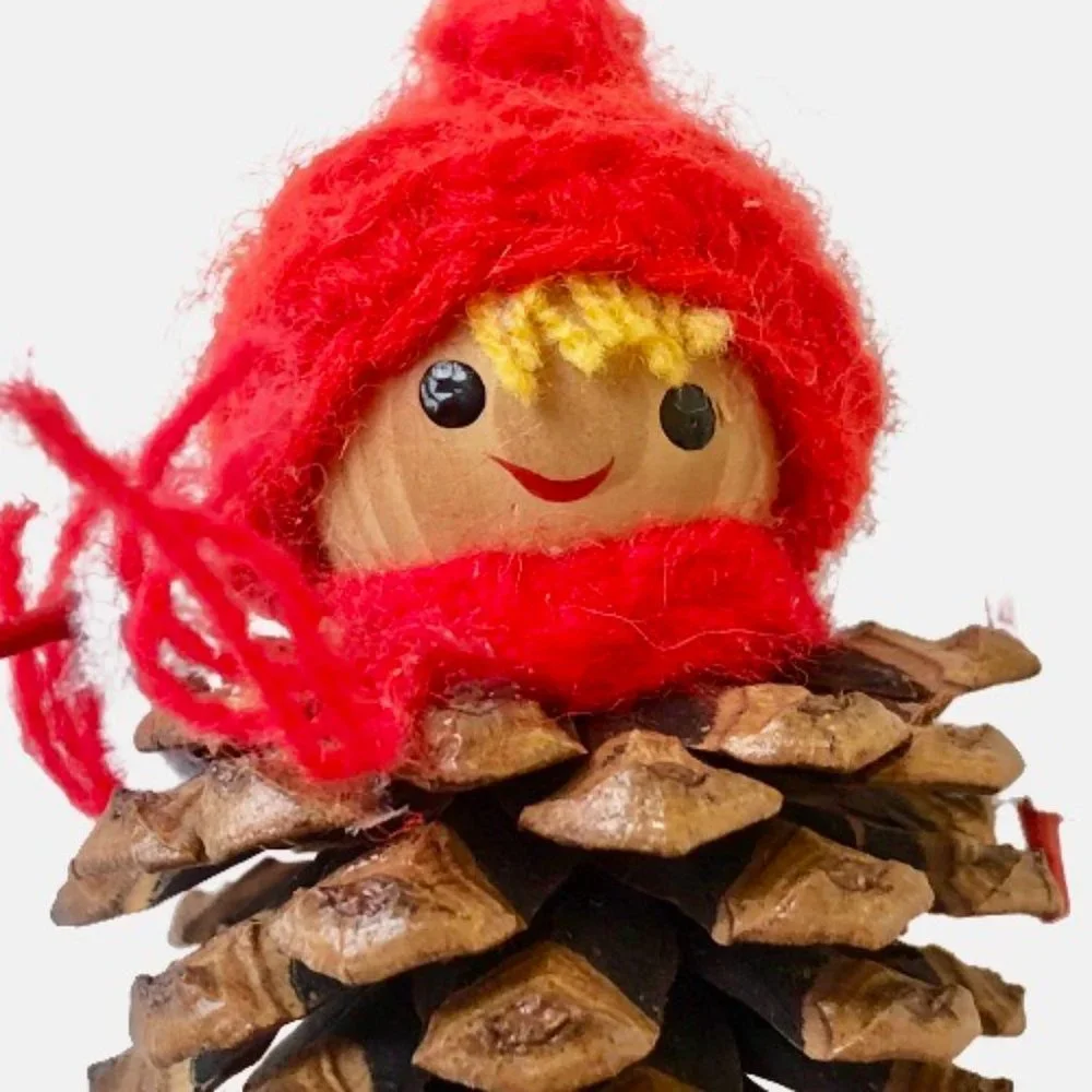Vintage Christmas Ornaments Handmade Pine-Cone Skier + Yarn Log Carrier Lot 2